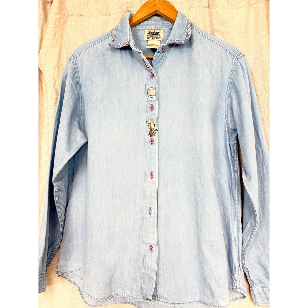 Northern Reflections Chambray Shirt Wo M Embroidered Duck Lighthouse Button Down
